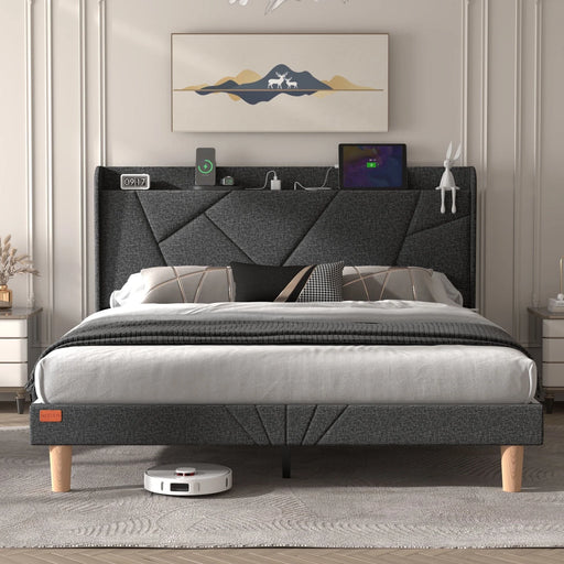 Queen Bed Frame with Charging Station, Upholstered Platform Bed with Wingback Storage Headboard, Dark Gray