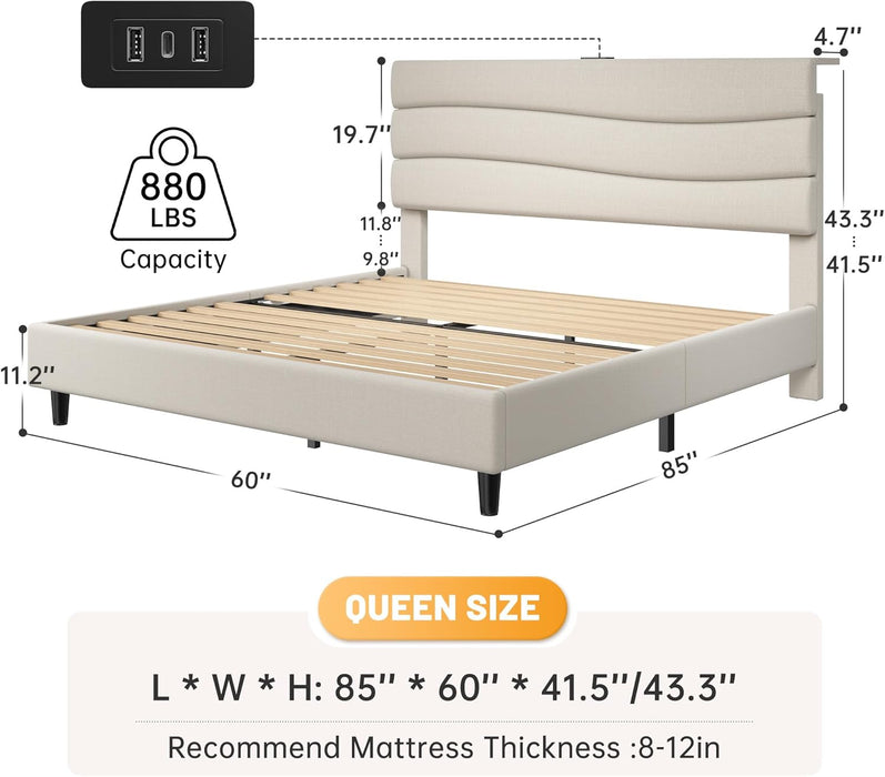 Queen Size Bed Frame, Upholstered Queen Bed Frame with Charging Stations, Storage Headboard Adjustable, Bedroom, Apartment, Dorm, Noise-Free, No Box Springs Needed, Beige
