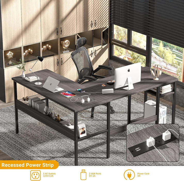 Reversible L Shaped Desk with Magic Power Outlets and USB Charging Ports, Sturdy Corner Computer Desk with Storage Shelves, Gaming Table Home Office Desk, Easy to Assemble, Enoch Walnut
