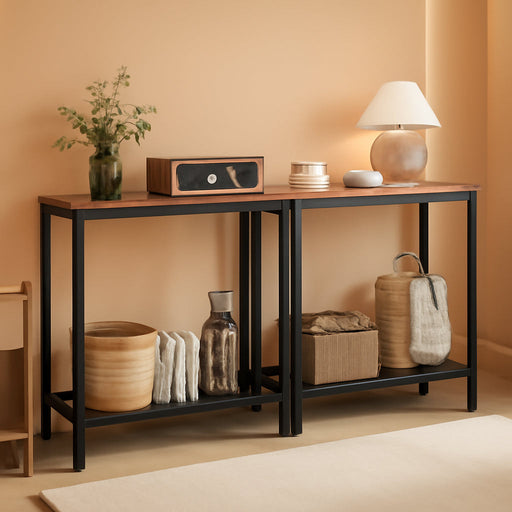 29.5" Narrow Console Table, Set of 2, Small Entryway Table with Shelf, 2 Tier Thin Sofa Table, behind Couch Table, Side Table, for Hallway, Living Room, Rustic Brown and Black BF74XGP201