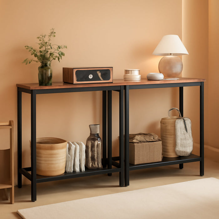 29.5" Narrow Console Table, Set of 2, Small Entryway Table with Shelf, 2 Tier Thin Sofa Table, behind Couch Table, Side Table, for Hallway, Living Room, Rustic Brown and Black BF74XGP201