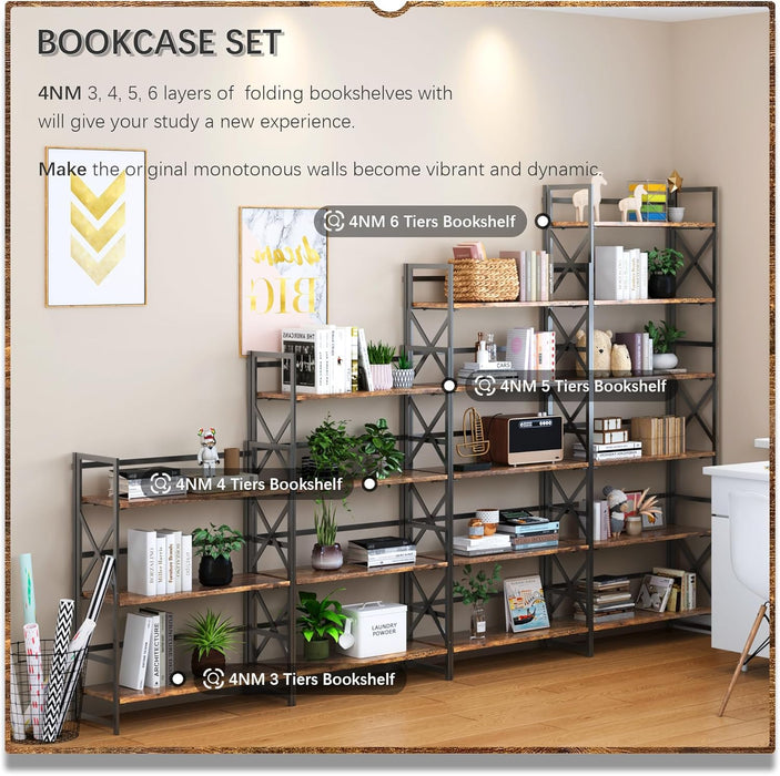 Six Tier Foldable Brown Bookcase Industrial Finish