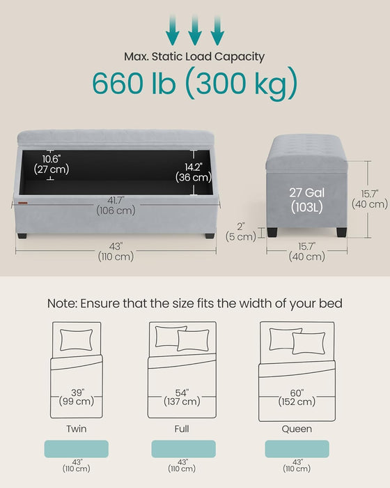 Velvet Storage Ottoman Bench, Foot Rest with Legs, 15.7 X 43 X 15.7 Inches, End of Bed Bench, Storage Chest, Load up to 660 Lb, for Living Room, Bedroom, Entryway, Dove Gray ULSF089G02