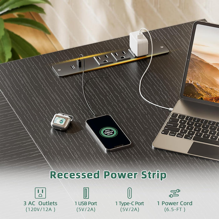 63" L Shaped Computer Desk with Power Outlet & USB-C Port, Reversible Home Office Desk with 2 Fabric Drawers, File Cabinet, Hooks, Large Corner Table for Gaming, Writing, Work, Black