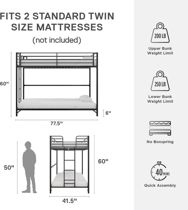 Daven Easy Assembly Metal Bunk Bed for Kids, Teens and Adults, with Ladder, High Guardrail, Metal Slats, Smooth Rounded Edges, No Boxspring Required, Twin-Over-Twin, Black
