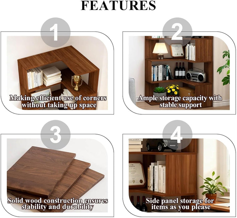 Corner Bookshelf, 6 Tier Corner Bookcase Tall,78.7" L Shaped Bookshelf, Walnut Corner Shelf for Home Office, Living Room,Bedroom