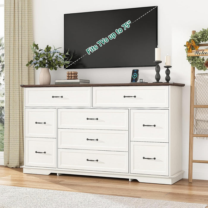 Farmhouse 9 Drawer Dresser for Bedroom,63” Wood Dresser & Chest of Drawers with Power Outlets,Large & Wide Dressers for Bedroom,Tall Storage Dresser Organizer(White)