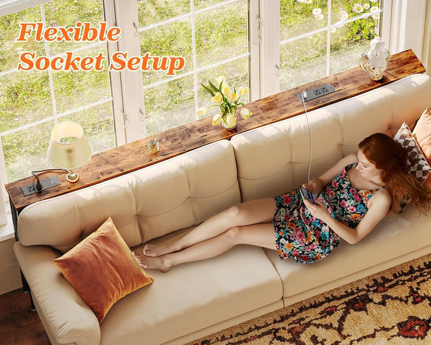 79 Inch Sofa Table with 2 Power Outlets and USB-C Ports, 5.9 Inch Narrow Console Table with Storage, Long Entryway Hallway Couch Table behind Sofa, Small Spaces, Living Room, Rustic Brown