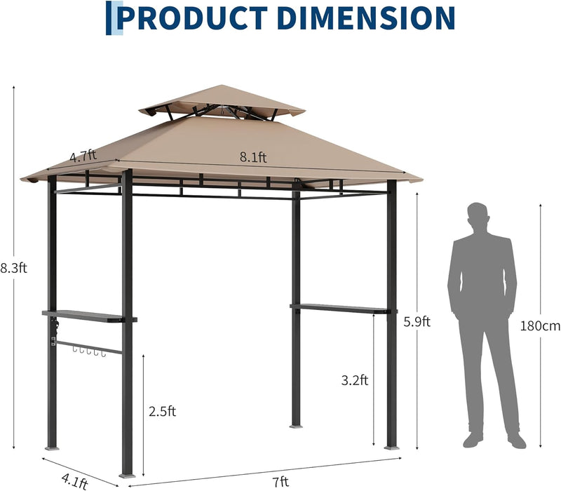 8X5 Ft BBQ Grill Gazebo with Double Roof, Outdoor Grill Shelter with 2 Side Shelves & Tool Hooks, Weather-Resistant Patio Shelter for Backyard Cooking