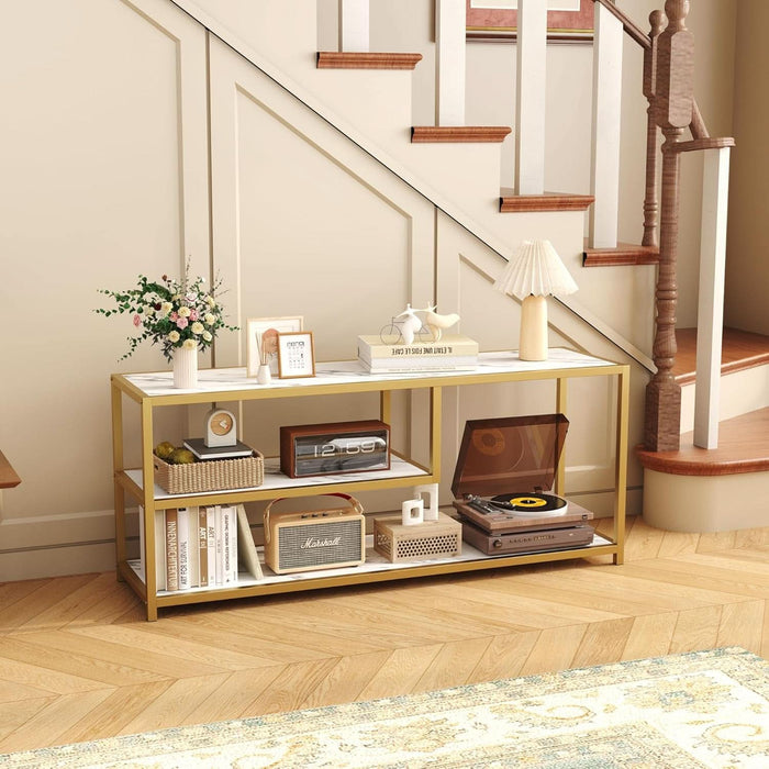 TV Stand for Tvs up to 55 Inch, 3 Tier Entertainment Center, Media Console with Open Storage Shelves for Living Room Bedroom, 47” Modern TV Table with Faux Marble Top Gold Metal Leg