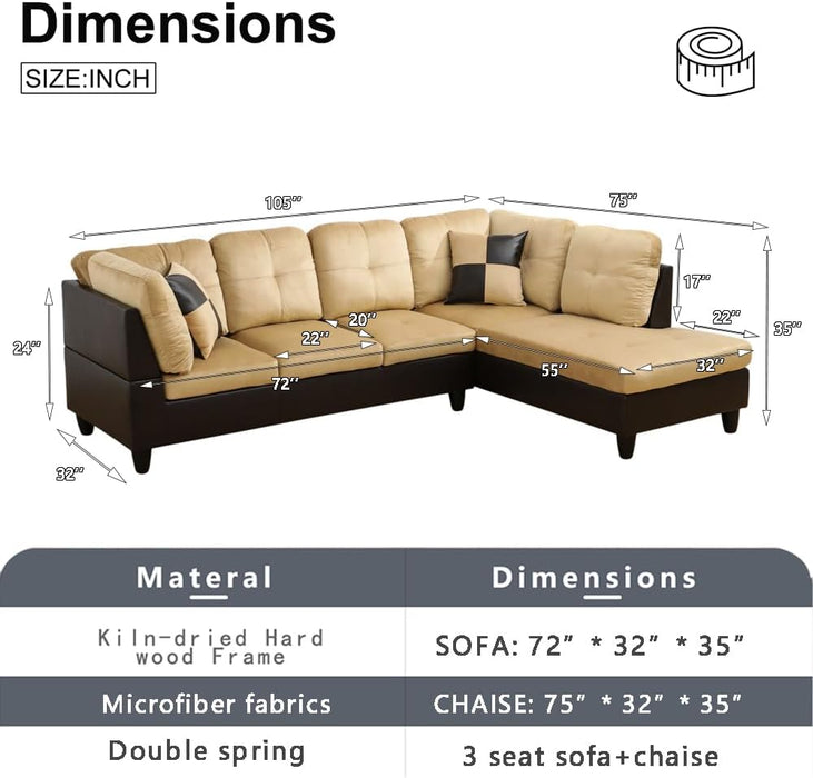 2 Pieces Sectional Sofa Sets, L-Shape Sofa Microfiber Couch Living Room Sofa Set with Chaise Using for Living Room Furniture(A-Beige, Right Hand Facing)