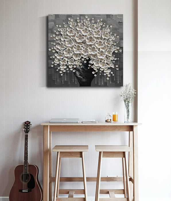 Hand Painted 3D Flower Painting White Flower in Black Vase 24X24Inch Abstract Canvas Wall Art for Living Room Bedroom Ready to Hang