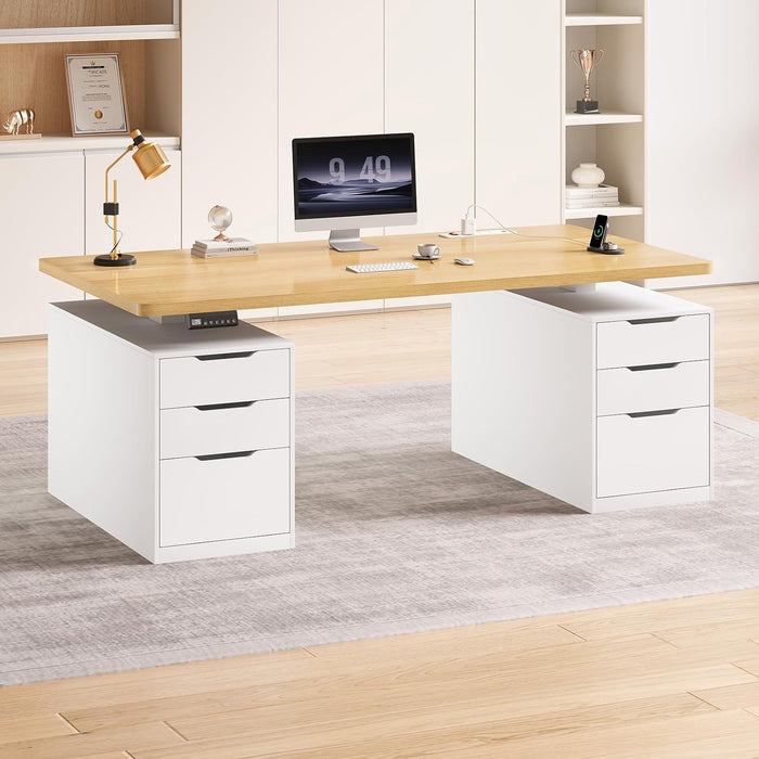Electric Standing Desk with 6 Drawers, 55" Adjustable Stand up Desk with Storage, Computer Desks with Power Outlets for Home Office, White + Oak