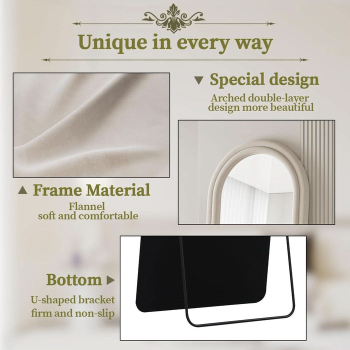 71"X32" Arched Mirror Full Length, Full Body Freely Standing Mirror, Flannel Floor Mirror with Stand for Bedroom, Living Room, Hanging or against the Wall, White