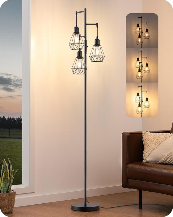 70IN Farmhouse Floor Lamps for Living Room, Dimmable Industrial Tall Standing Lamps 3 LED Edison Bulbs Included, Diamond-Shaped Cage, Rustic Tree Corner Light for Bedroom, Office, Black