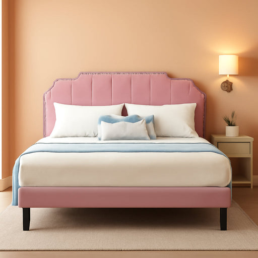 Queen Size Velvet Upholstered Platform Bed Frame with Nailhead Trim,Tufted Height Adjustable Headboard,Vintage Bed with Wooden Slats/No Box Spring Needed/Under Bed Storage/Easy Assembly