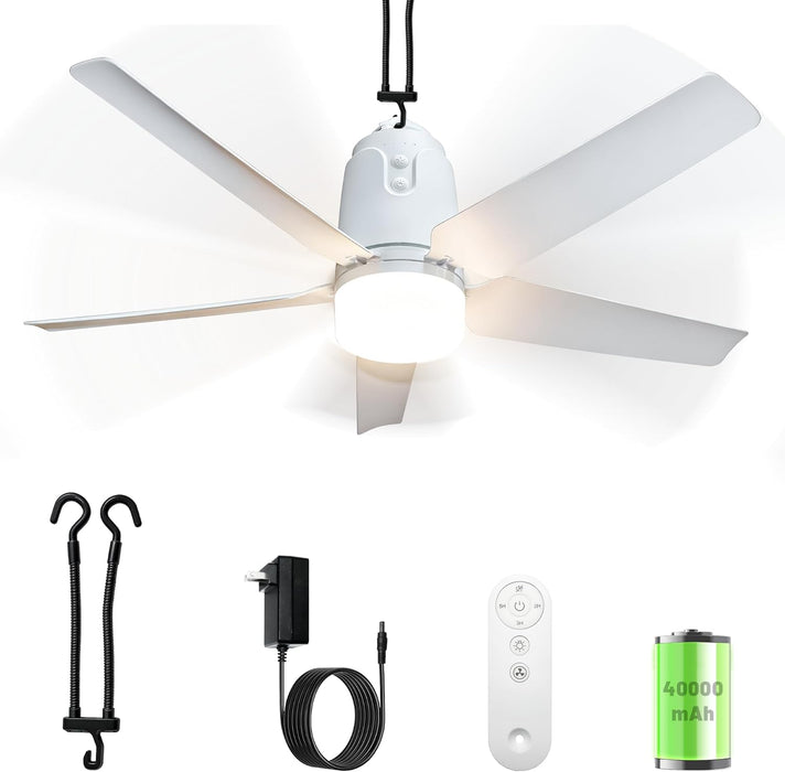 Gazebo Outdoor Ceiling Fan Light 31.5'', 40000Mah Large Portable Ceiling Fan with Remote and Hanging Hook, 4 Wind Speeds, 3000K-6500K Dimmable Canopy Fan Light for Patios, Pop up Tent, Camping