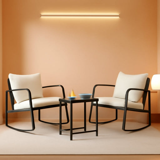 Patio Chairs 3 Piece Wicker Rocking Chair Outdoor Bistro Sets with Coffee Table and Cushions Metal Frame Patio Furniture for Porch, Balcony, Lawn (White)