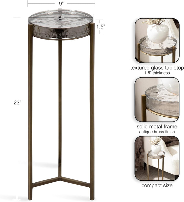 Aguilar Modern Drink Table; 9 X 9 X 23; Brass with Clear Glass; Detailed Glass Accent Table for Small Spaces
