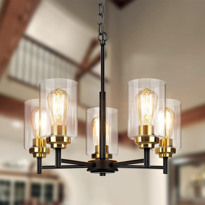19.8'' 5-Light Chandelier for Dining Room Kitchen Island, Modern Farmhouse Pendant Lighting with Glass Shades Industrial Black Hanging Ceiling Light Fixture for Living Room, Height Adjustable