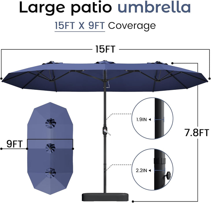 15Ft Patio Umbrella with Base,Large Outdoor Double-Sided Rectangle Umbrella with Crank Handle, Market Umbrella for Poolside Garden Deck Backyard Beach Pools, Navy Blue