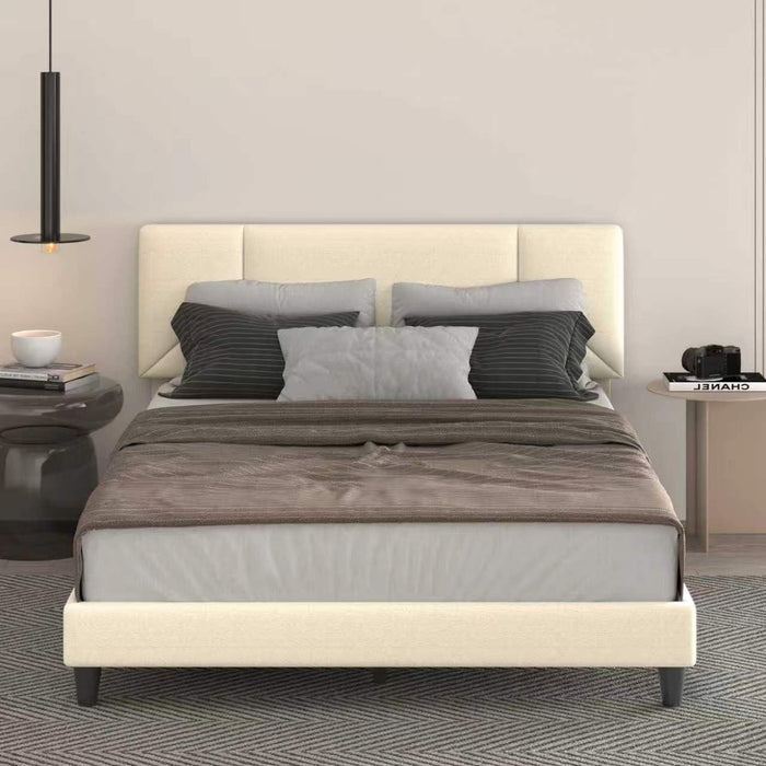 Queen Size Platform Bed Frame with Chenille Headboard, Beige