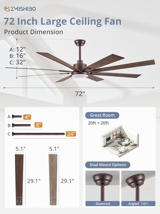 72 Inch Oil Rubbed Bronze Ceiling Fans with Lights and Remote, Indoor/Outdoor Farmhouse Ceiling Fan for Living Room Patio, 6 Speed Reversible Quiet DC Motor, 3CCT, Dual Finish Blades