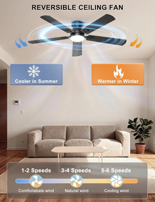 Ceiling Fans with Lights, 52 Inch Low Profile Ceiling Fan with Light and Remote/App Control, Flush Mount, Dimmable, Qiuet DC Motor, Black Ceiling Fan for Bedroom, Living Room