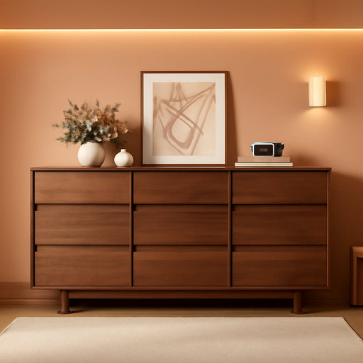 9 Drawer Walnut Dresser for Bedroom,59" Wide Mid Century Modern Dresser