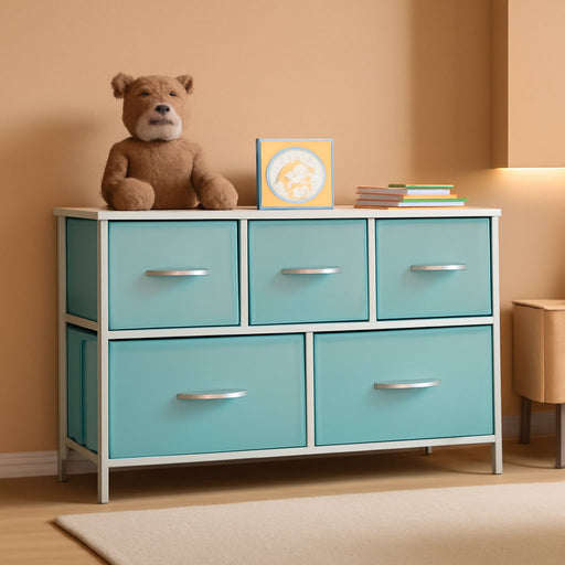 Kids Dresser with 5 Drawers - Storage Chest Organizer Unit with Steel Frame, Wood Top, Easy Pull Fabric Bins - Long Wide TV Stand for Bedroom Furniture, Hallway, Closet & Office Organization