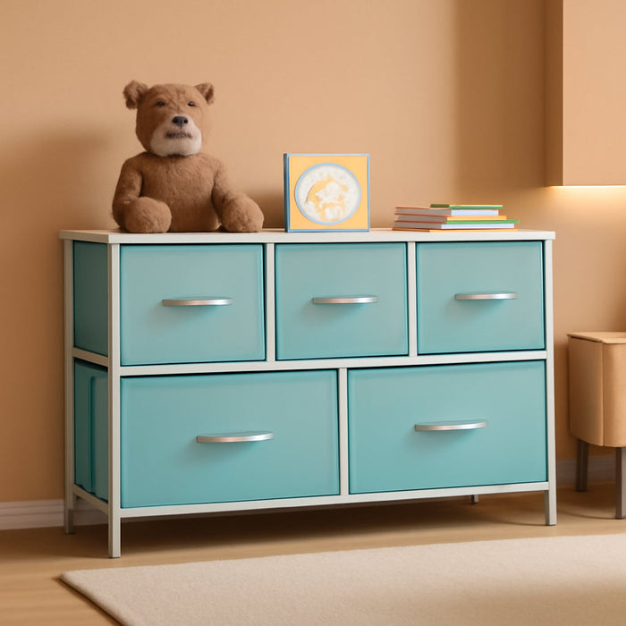 Kids Dresser with 5 Drawers - Storage Chest Organizer Unit with Steel Frame, Wood Top, Easy Pull Fabric Bins - Long Wide TV Stand for Bedroom Furniture, Hallway, Closet & Office Organization