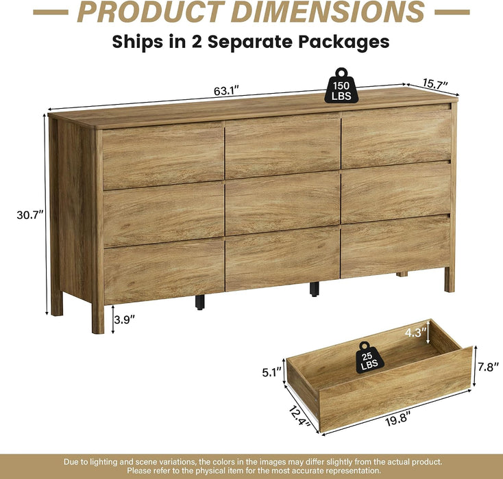 63" Wide 9 Drawer Wood Dresser for Bedroom with Legs, Natural Oak