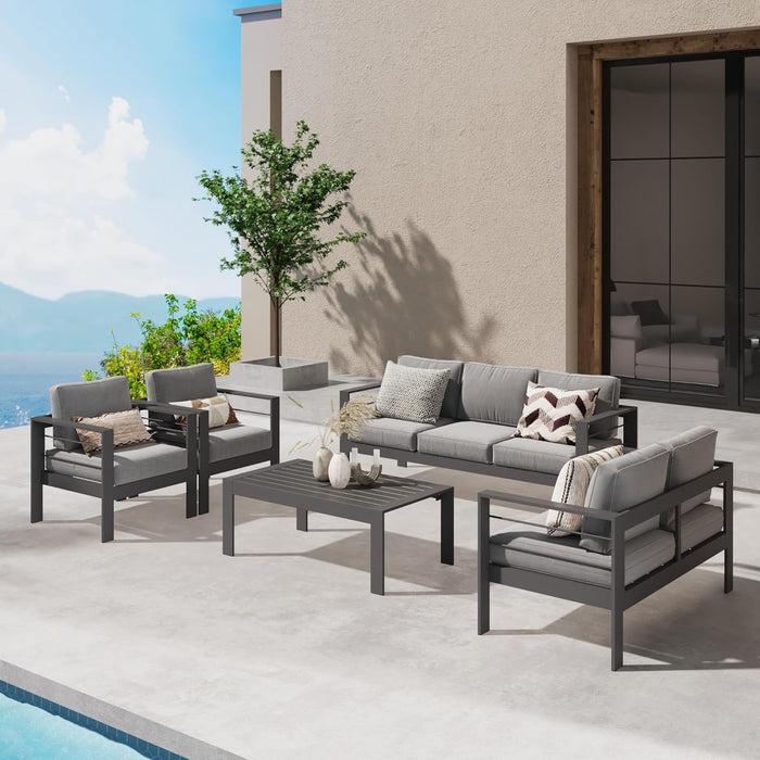 Aluminum Outdoor Patio Furniture Set,7 Seats Modern Patio Conversation Sets, Outdoor Sectional Metal Sofa with 5 Inch Cushion and Coffee Table for Balcony, Garden, Dark Grey