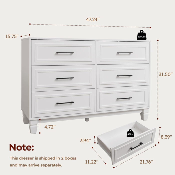 White Dresser for Bedroom, 6 Drawer Kids Dresser, Wood Chest of Drawers