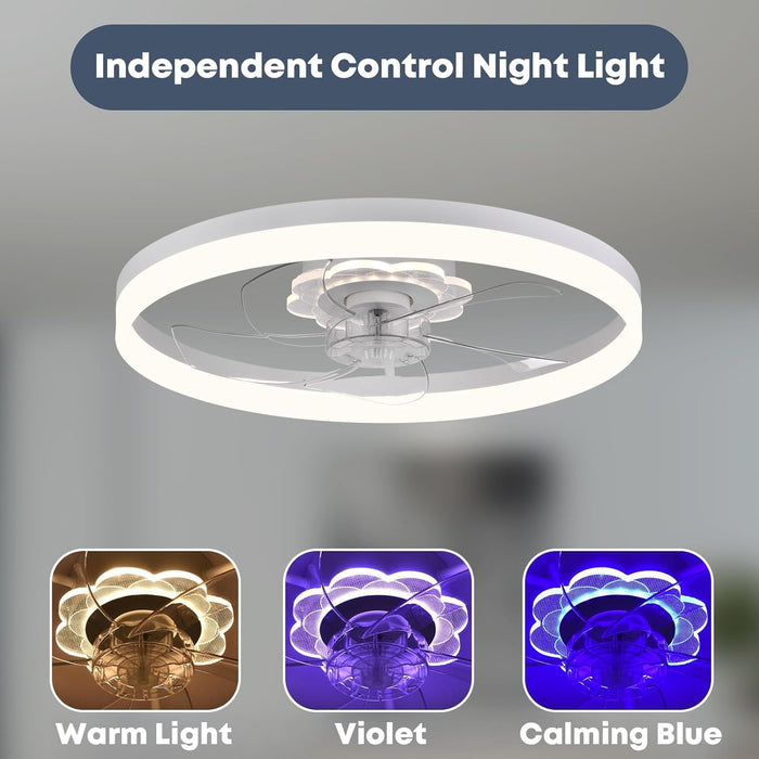 24'' Ceiling Fan with Light, Upgraded Low Profile Ceiling Fan with Light, Dimmable Flush Mount Ceiling Fan with Light, Fan Light, 6 Speeds, App & Remote Control, Quiet Fan for Bedroom, Kitchen