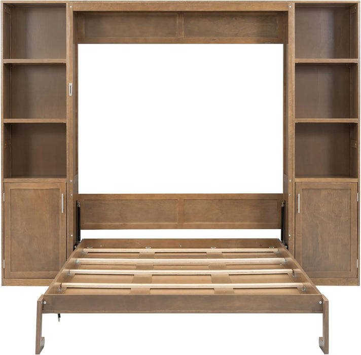 Queen Size Murphy Bed, Farmhouse Wall Bed Frame with Storage Shelves and Cabinets, Can Be Folded into a Cabinet, No Box Spring Needed, Wood