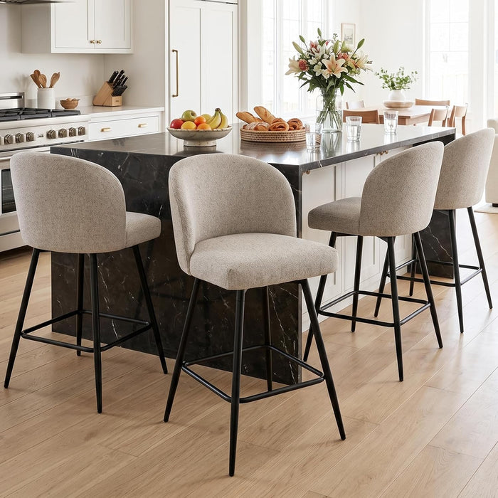 Counter Height Bar Stools Set of 2, 360° Swivel Upholstered Barstools with Backs and Metal Legs, 26" H Seat Height, Linen Fabric in Redish Sand
