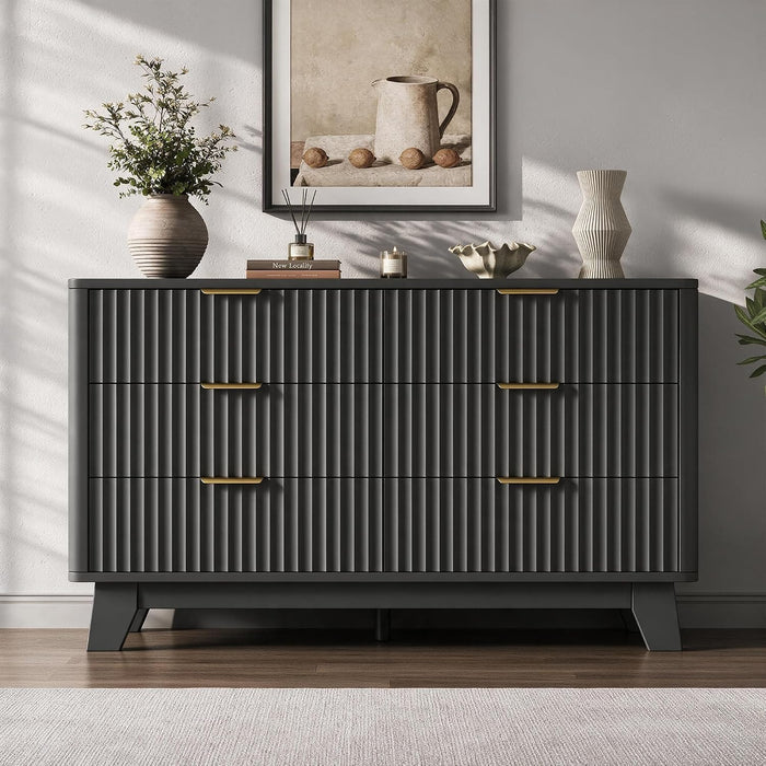 Fluted 6 Drawer Dresser for Bedroom, Modern Chest of Drawers with Metal Handle, Wooden TV Stand with Curved Profile Design, Closet Clothes Storage Organizer for Living Room/Hallway (Black)