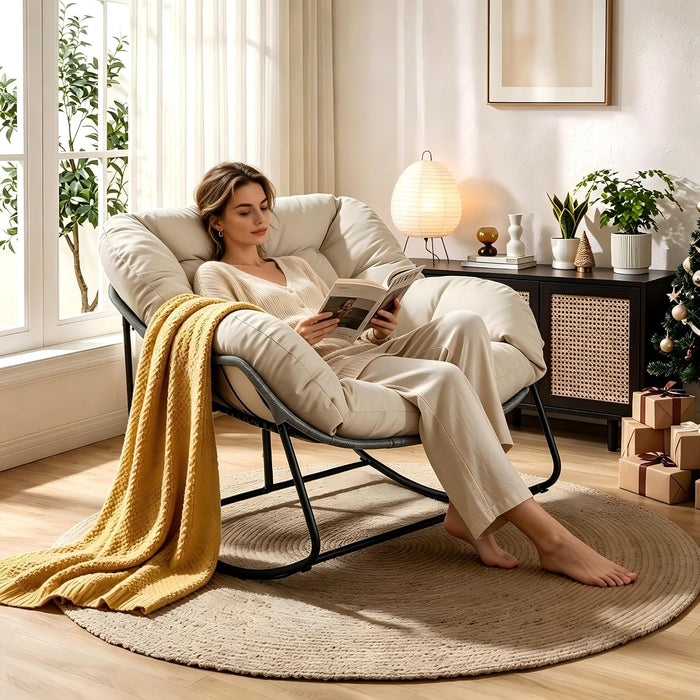 Oversized Egg Rocking Chair for Indoor Outdoor – All-Weather Wicker Rattan Lounge Chair with Cushion Patio Rocker for Porch Garden or Balcony (Beige)