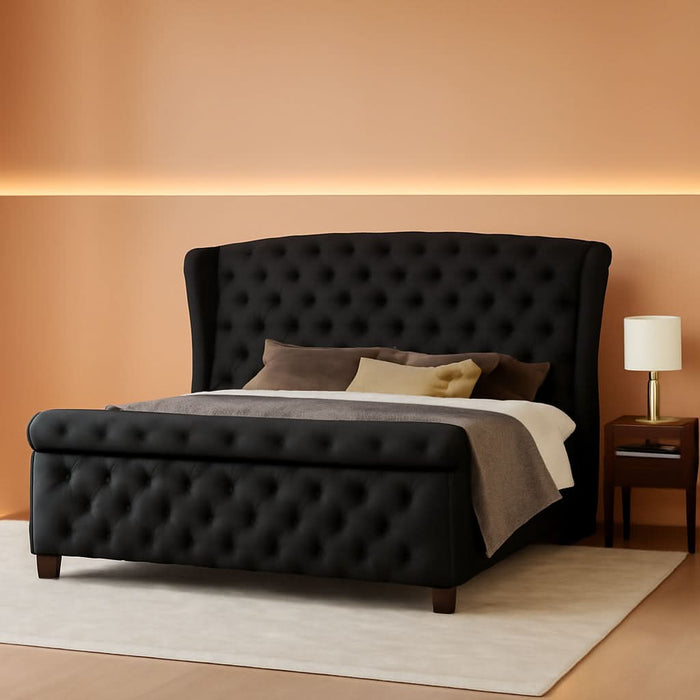 Queen Size Platform Bed Frame, Velvet Upholstered Sleigh Bed with Scroll Wingback Headboard Footboard/Button Tufted/No Box Spring Required/Easy Assembly/Black
