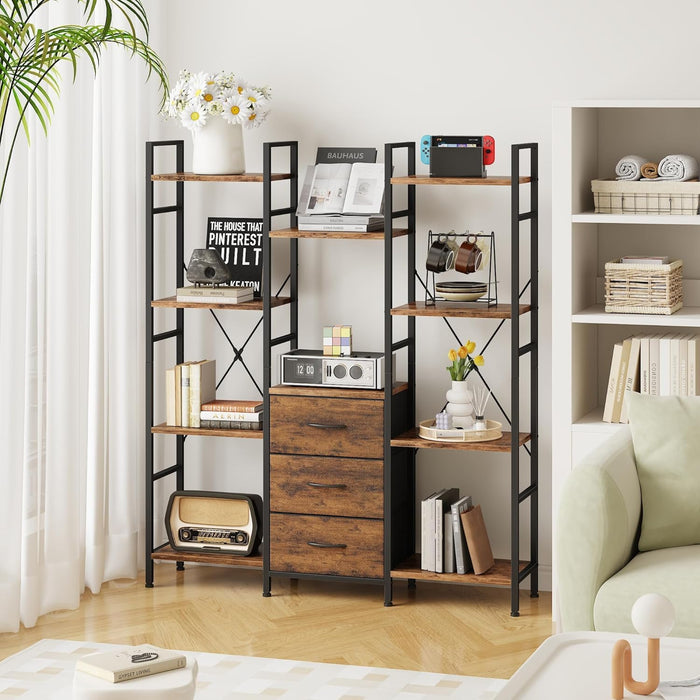Triple Bookshelf with 3 Fabric Drawers, 4-Tier Book Shelf and 10 Display Shelves, Industrial Large Bookcase for Home & Office, Rustic Brown, 47'' Wide