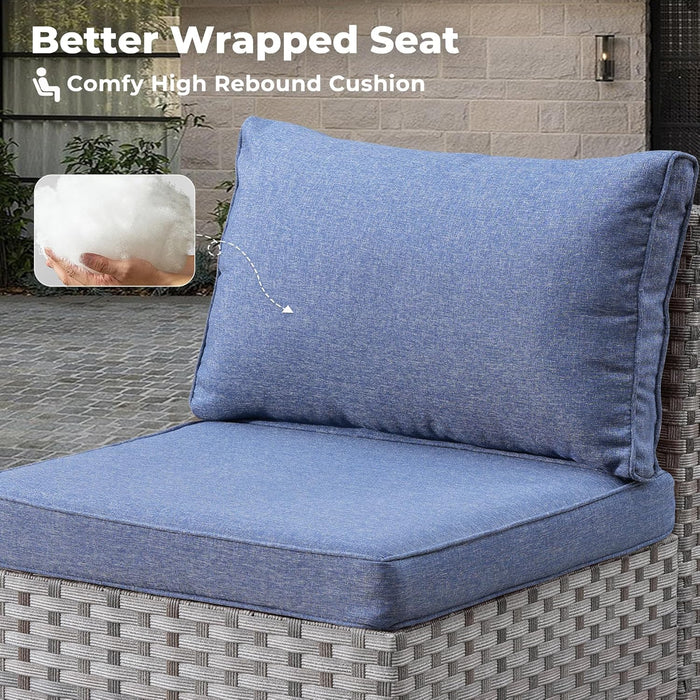 7 Pieces Patio Furniture Set, Outdoor Wicker Sectional Sofa with 42 Inch Fire Pit Table Comfy Cushions, Modern Modular Deep Seat Rattan Couch Conversation Set, Denim Blue