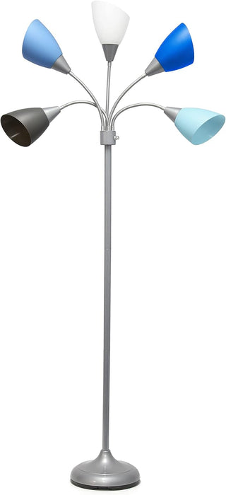 LF2006-SBG 67" Contemporary Multi Head Medusa 5 Light Adjustable Gooseneck Silver Floor Lamp with Blue, White, Gray Shades for Kids Bedroom Playroom Living Room Office