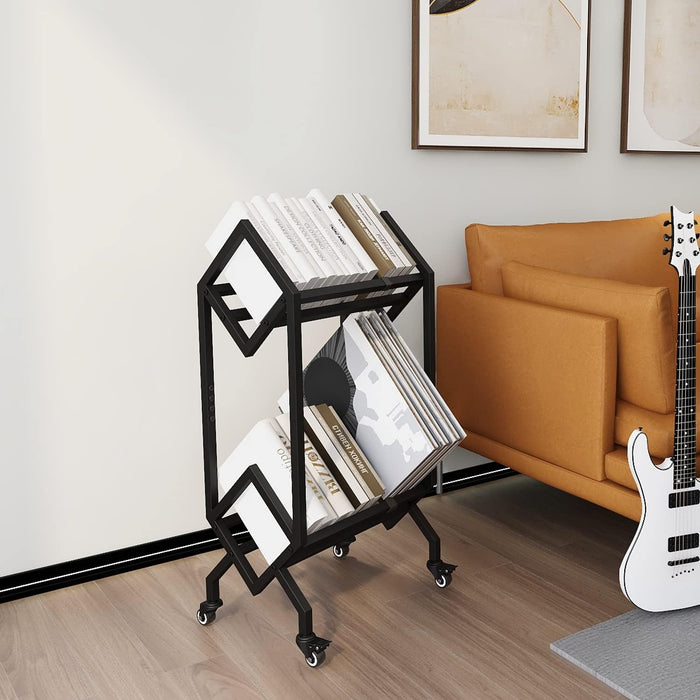 Bookshelf Book Rack Industrial Metal Bookcase 2 Tier Holder with Wheels Modern Stylish Design Magazines Files Album Recipe Book Storage Organizer for Sofa End Bed Beside