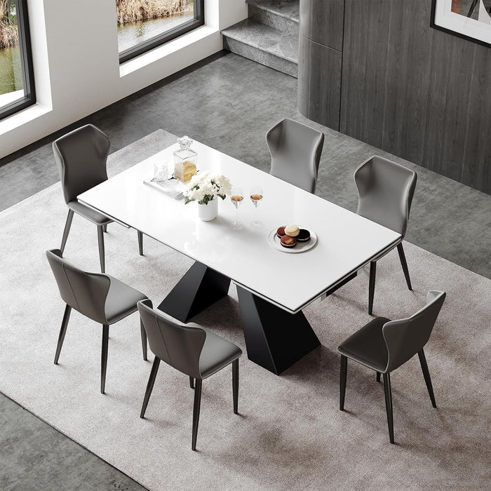 Extendable Dining Table for 8-12 Seat, Flexible Stretch, Tabletop Made from Rock Plate and Tempered Glass, Solid Carbon Steel Base, 35.4" D X 94.5" W X 30" H, White Top