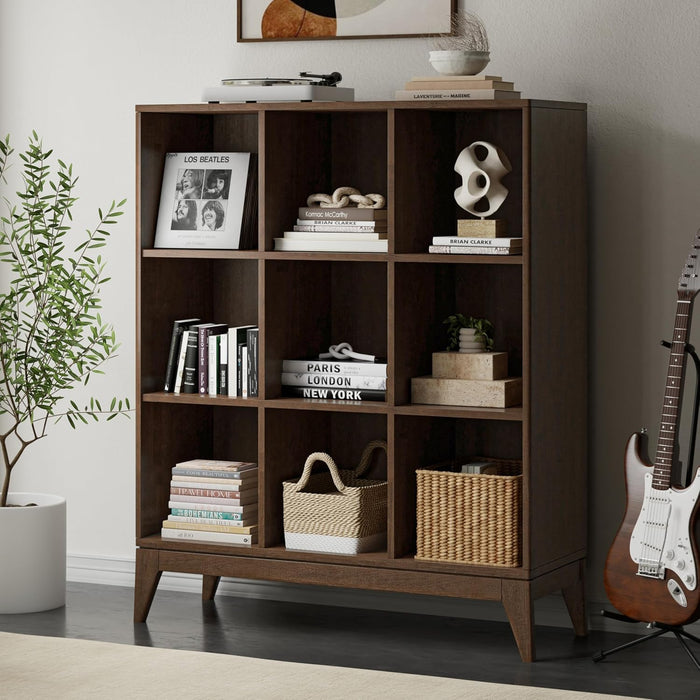 Harper 52" Tall Solid Wood 9-Cube Bookcase in Walnut Brown | Mid-Century Modern Cube Organizer with Angled Frame and Tapered Legs for Living Room or Office; Bookshelf, Shelving Unit.