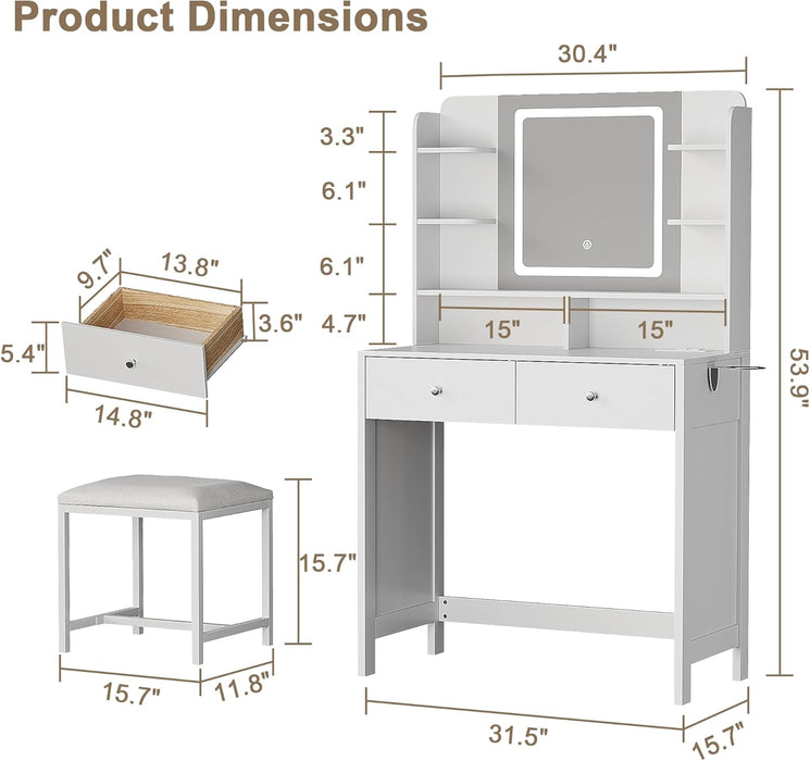 White Vanity with Lighted Mirror, 8 Shelves, 2 Drawers, Charging Station, Hair Dryer Holder & Stool, LED Mirror with 3 Light Modes