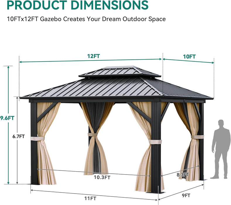 10X12Ft Gazebo Double Roof Hardtop with Nettings and Curtains, Heavy Duty Galvanized Steel Outdoor Vertical Stripes Roof for Patio, Backyard, Deck, Lawns, Brown