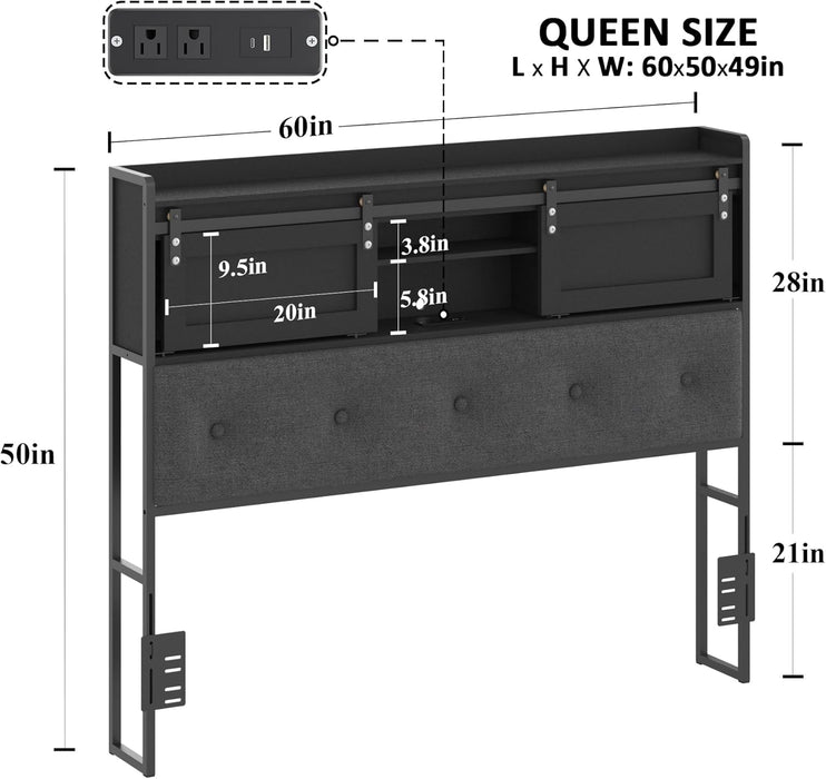 Queen Size Headboard Only with Storage, Upholstered Headboard with Charging Station and LED Light, Sturdy and Stable, Easy to Assemble (Black+Barn Door, Queen)