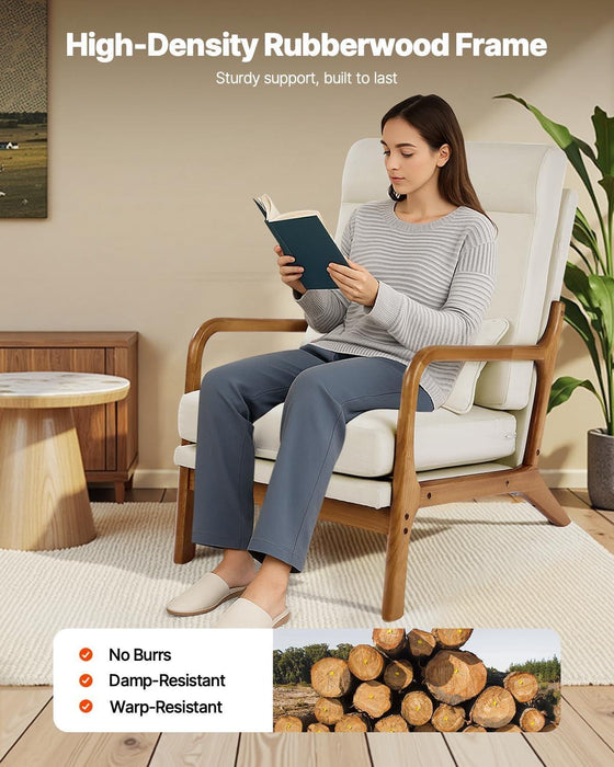 Accent Chair, High Back Mid Century Modern Armchair with Solid Wood Frame and Non-Slip Legs, Upholstered Leisure Chair with Linen Fabric and 5.3 in Thickened Cushion, for Living Room, Bedroom